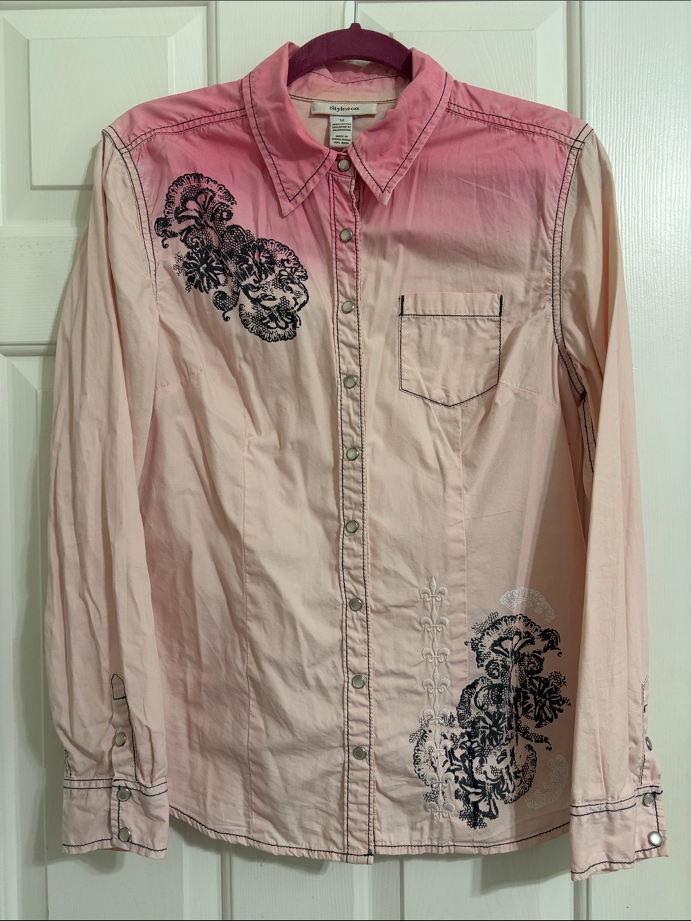 Style & Co.Western Pink Ombre Pearl Button-Up Shirt with Black Floral Embroidery
